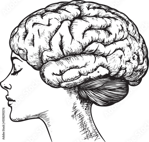 Human brain schematic vintage sketch engraving vector illustration. Scratch board style imitation. Black and white hand drawn image.
