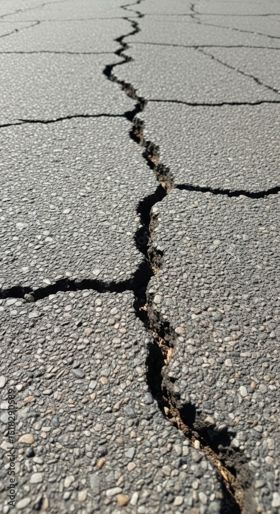 Obraz premium Close-up of a cracked asphalt road surface with dramatic lighting, revealing deep fractures and weathered textures. The image captures the gritty detail of urban decay and infrastructure deterioration