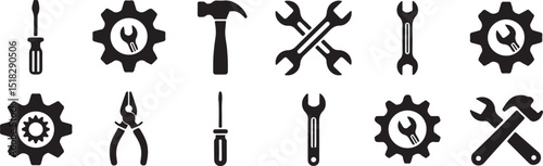 Collection of various black and white repair and maintenance tools icons for design