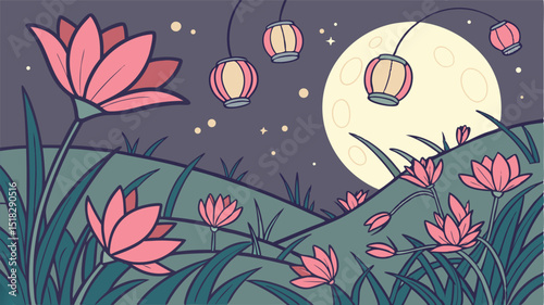 Serene night scene with lotus flowers and lanterns under the full moon vector illustration for diverse creative designs