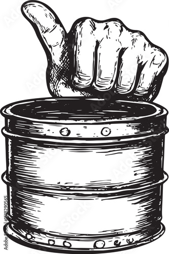 Thumb up in oil barrel engraving vector illustration. Scratch board style imitation. Black and white hand drawn image.