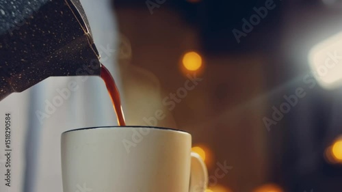Waviness effect of The woman pours freshly brewed coffee into the cup. Coffee brewing process in the coffee maker. Romantic ambiance and macro filming with the slider
