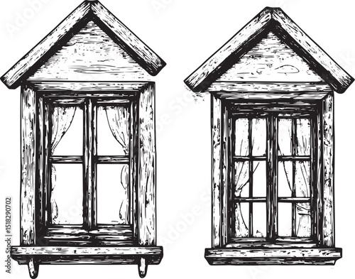 House wooden old windows engraving vector illustration. Scratch board style imitation. Black and white hand drawn image.
