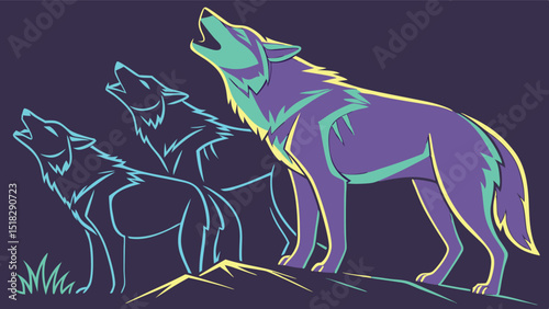 Stylized illustration of three wolves howling in a vector art style suitable for various creative design projects