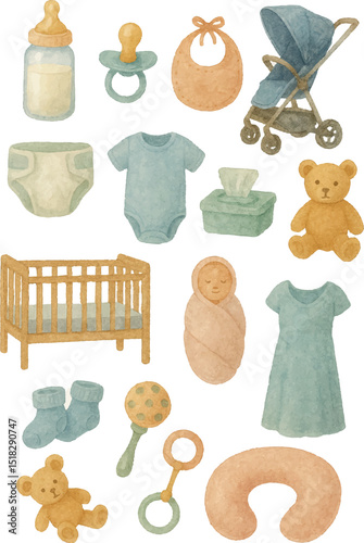 Adorable hand-painted watercolor baby and maternity item set for use in parenting blogs, baby shower designs, and nursery decor