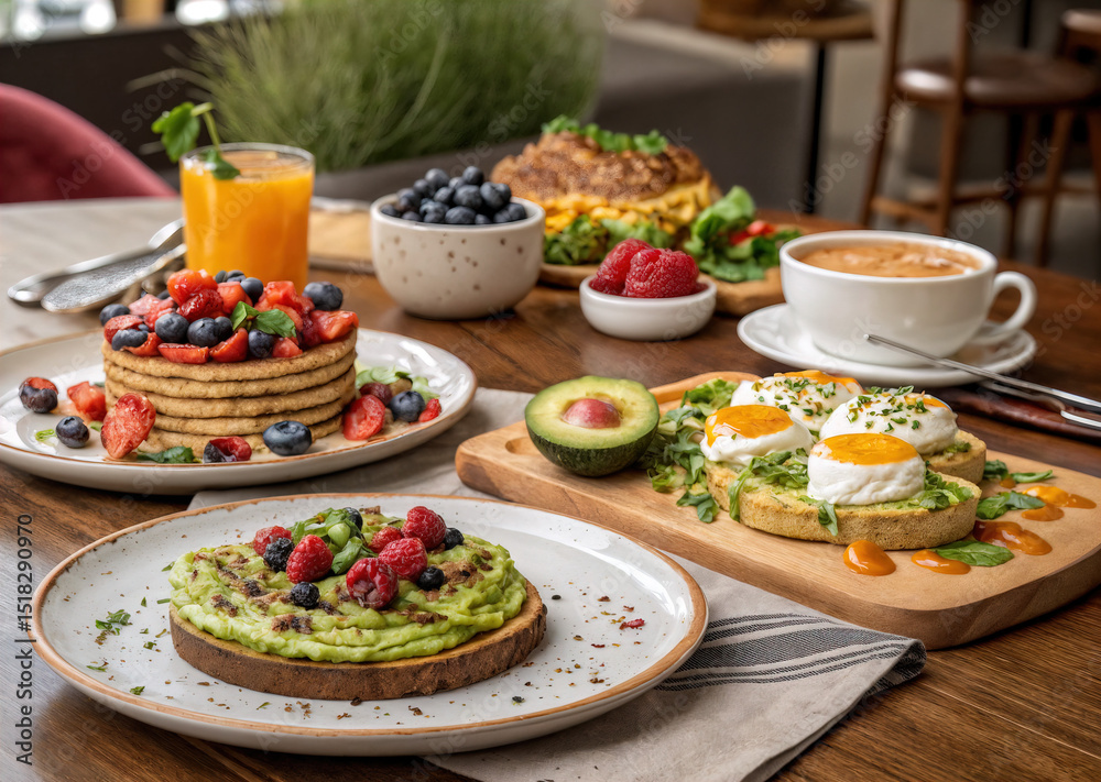 features a breakfast spread with pancakes topped with fresh berries, a plate of avocado toast, a bowl of blueberries, a cup of coffee, and a glass of orange juice, all laid out on a wooden table. features a breakfast spread with pancakes topped with fresh berries, a plate of avocado toast, a bowl of blueberries, a cup of coffee, and a glass of orange juice, all laid out on a wooden table.