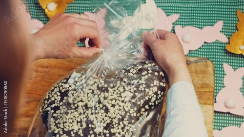 Waviness effect of The woman unpacks chocolate panettone. In the background are Easter bunnies made of paper. Macro and slider shooting