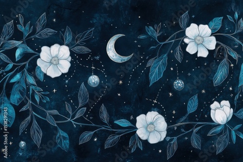 Elegant floral design with moon and stars set against dark blue backdrop creating a serene night atmosphere