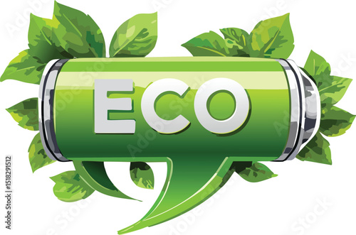 Green Battery Symbol Speaking with Eco Speech Bubble – Sustainable Energy Concept Vector