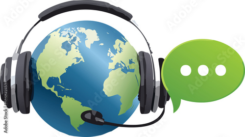 Globe with Headset and Green Message Bubble – Eco-Friendly Global Communication Concept