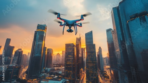 Drone Flight Over Cityscape at Sunset