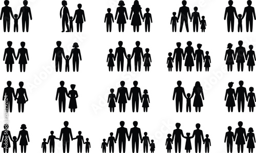 Family silhouette icons diverse family structures illustration collection on white background