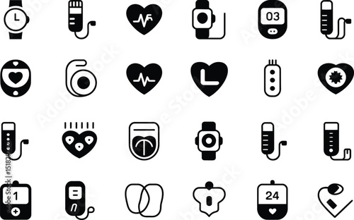 Healthcare and medical devices icons set for health monitoring and wellness