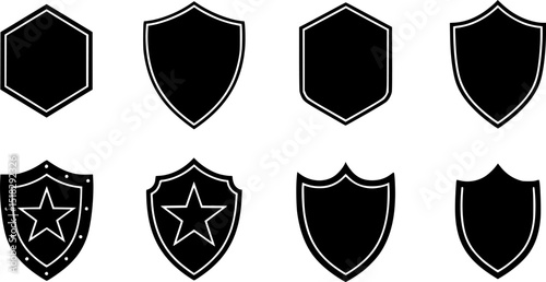 Shield icon set in vintage style. Protect shield security icon set. Shield badge quality symbol
