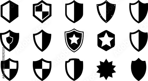 Shield icon set in vintage style. Protect shield security icon set. Shield badge quality symbol
