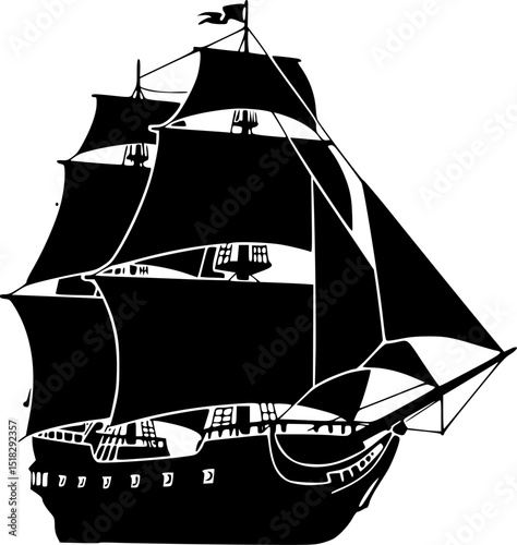 pirate ship black silhouette,pirate ship flat vector illustration
