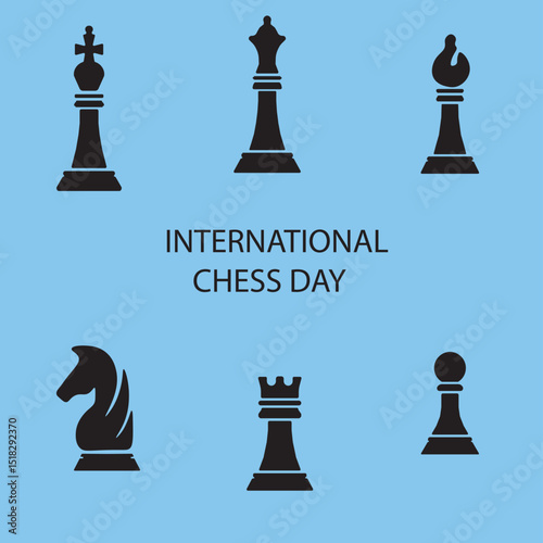 International chess day Arts,pawn, rook, knight, bishop, queen, king, check, mate, castle, gambit, fork, pin, skewer, blitz, endgame, opening, tactic, strategy, draw, capture
