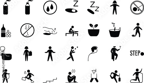 Collection of human activities pictograms and symbols representing daily life in black and white