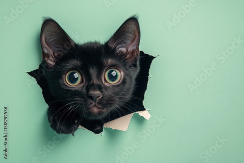 Curious black cat peeking through a torn paper hole on a mint green background in a playful moment of surprise