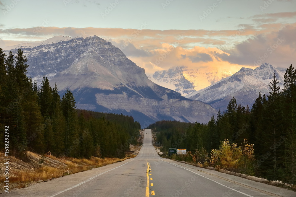 Naklejka premium Icefields Parkway driving the Sunwapta River Valley south to peaks (L-R) Tangle Ridge, Kitchener and Cromwell outliers. Jasper NP-Alberta-Canada-277