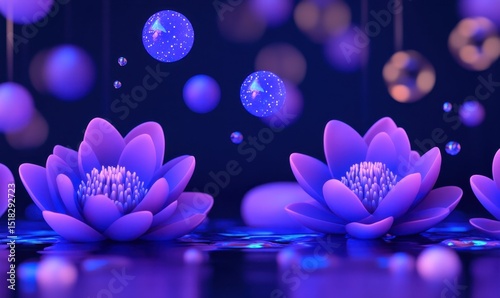 Purple lotus flowers, glowing spheres, dark background; serenity, meditation, spa, website banner