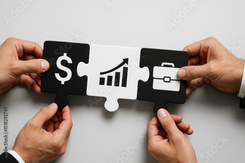 Four hands holding puzzle pieces with business icons, symbolizing financial growth and collaboration