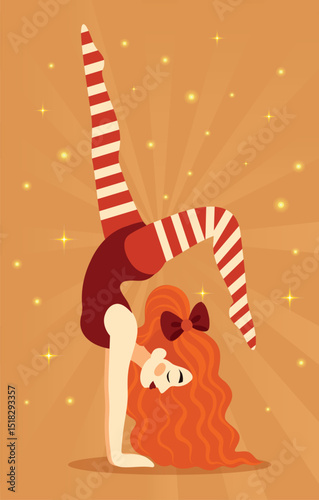 Circus. Vector beautiful illustration of a circus artist, acrobat in a handstand in a bright suit. Stylish circus flat design for posters, tickets, banners and circus advertising