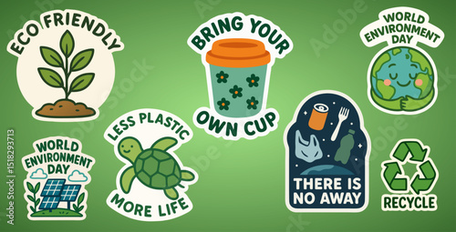 Eco-Conscious Sticker Set - World Environment Day, Less Plastic, Recycle Vector Bundle