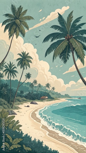 Tranquil Tropical Beach Scene with Palm Trees and a Small House