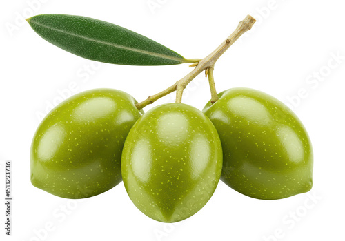 Isolated Branch of Three Green Olives with Leaf