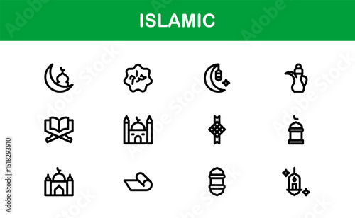 Islamic Icon Set in Minimal Vector Style with Mosque, Quran, Prayer, and Moon Elements for Cultural Projects