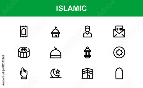 Islamic Icon Set in Minimal Vector Style with Mosque, Quran, Prayer, and Moon Elements for Cultural Projects