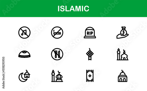 Islamic Icon Set in Minimal Vector Style with Mosque, Quran, Prayer, and Moon Elements for Cultural Projects