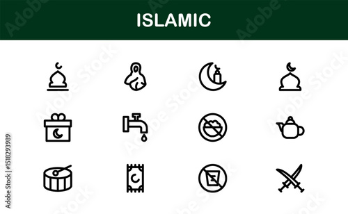Islamic Icon Set in Minimal Vector Style with Mosque, Quran, Prayer, and Moon Elements for Cultural Projects