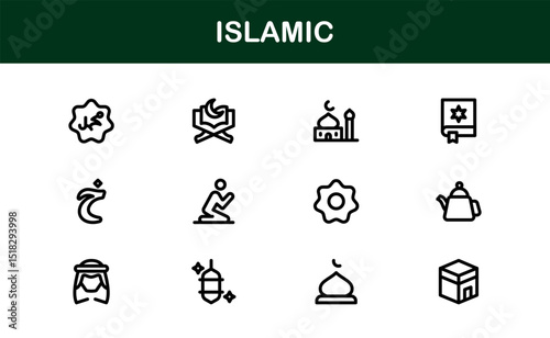 Islamic Icon Set in Minimal Vector Style with Mosque, Quran, Prayer, and Moon Elements for Cultural Projects