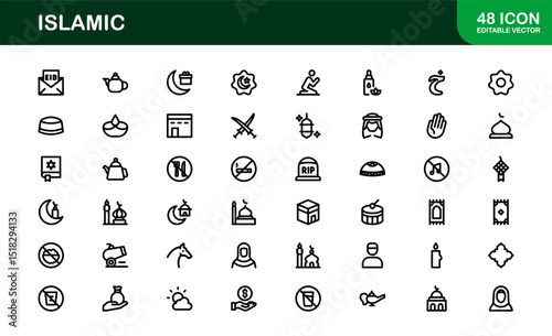 Islamic Icon Set in Minimal Vector Style with Mosque, Quran, Prayer, and Moon Elements for Cultural Projects