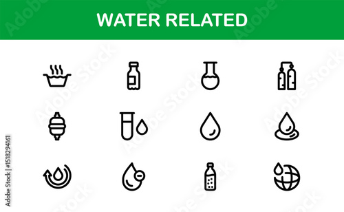 Water Related Icon Set in Clean Vector Style Featuring Drops, Waves, Rain, and Hydration Symbols