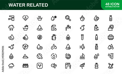 Water Related Icon Set in Clean Vector Style Featuring Drops, Waves, Rain, and Hydration Symbols