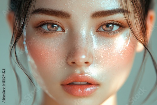 Radiant beauty captured in soft light with droplets glistening on flawless skin in serene setting