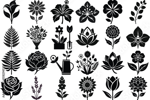 Black Silhouette Collection of Diverse Flowers and Plants Floral Designs for Creative Projects