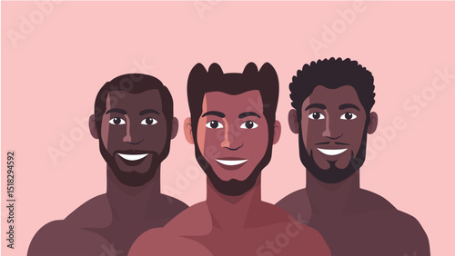 Group of Happy Muscular Black Gay Men Smiling Together in Warm Pink Background