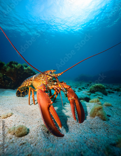 A lobster crawling along the ocean bottom photo