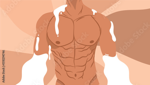 Sexy Male Torso Covered in Steamy Suds with Orange Abstract Background of Desire