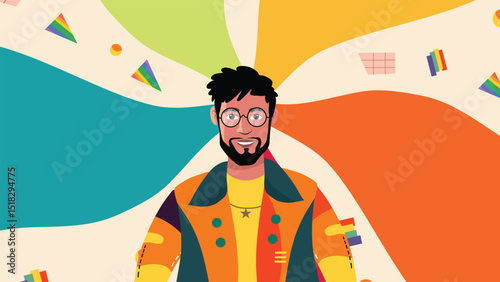 Happy Queer Guy with Pride Outfit and Glasses Celebrating LGBTQ Identity in Color Burst