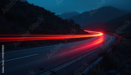 Long exposure shot captures curving road at night with red car light streaks. Nightscape of highway, showing car trail with dynamic lights. Night time travel. photo