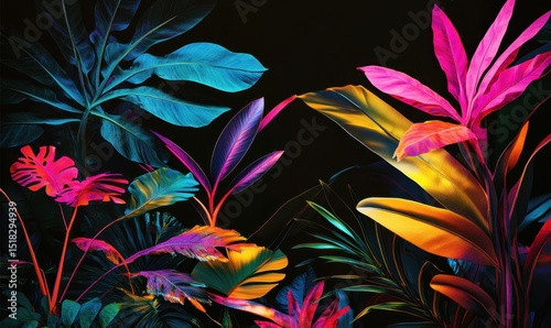 Vibrant tropical foliage, nighttime scene, dark background, website design