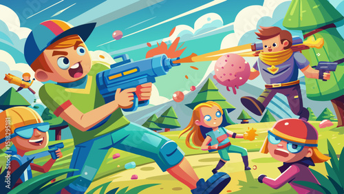 Cartoon kids having a playful water gun fight in a colorful outdoor setting with trees and mountains
