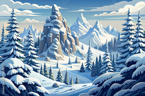 Vector cartoon of snowy winter hills and forest in gentle snowfall, ideal for Christmas designs, hiking themes, and seasonal travel concepts