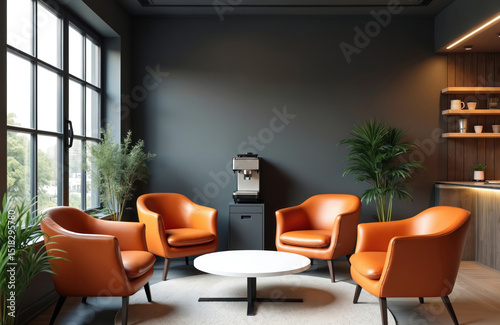 Cozy startup office coffee corner. Comfy seating arrangement for informal meetings, breaks. Modern coffee machine, round white table, orange leather chairs. Light interior design with plants for
