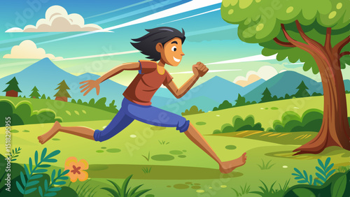 Cartoon woman running barefoot through a green meadow with trees, flowers and mountains in the background
